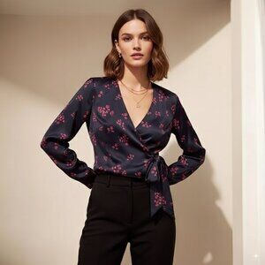 NWT Keepsake Infinity Long Sleeve Wrap Blouse Top with tie Black Ditsy